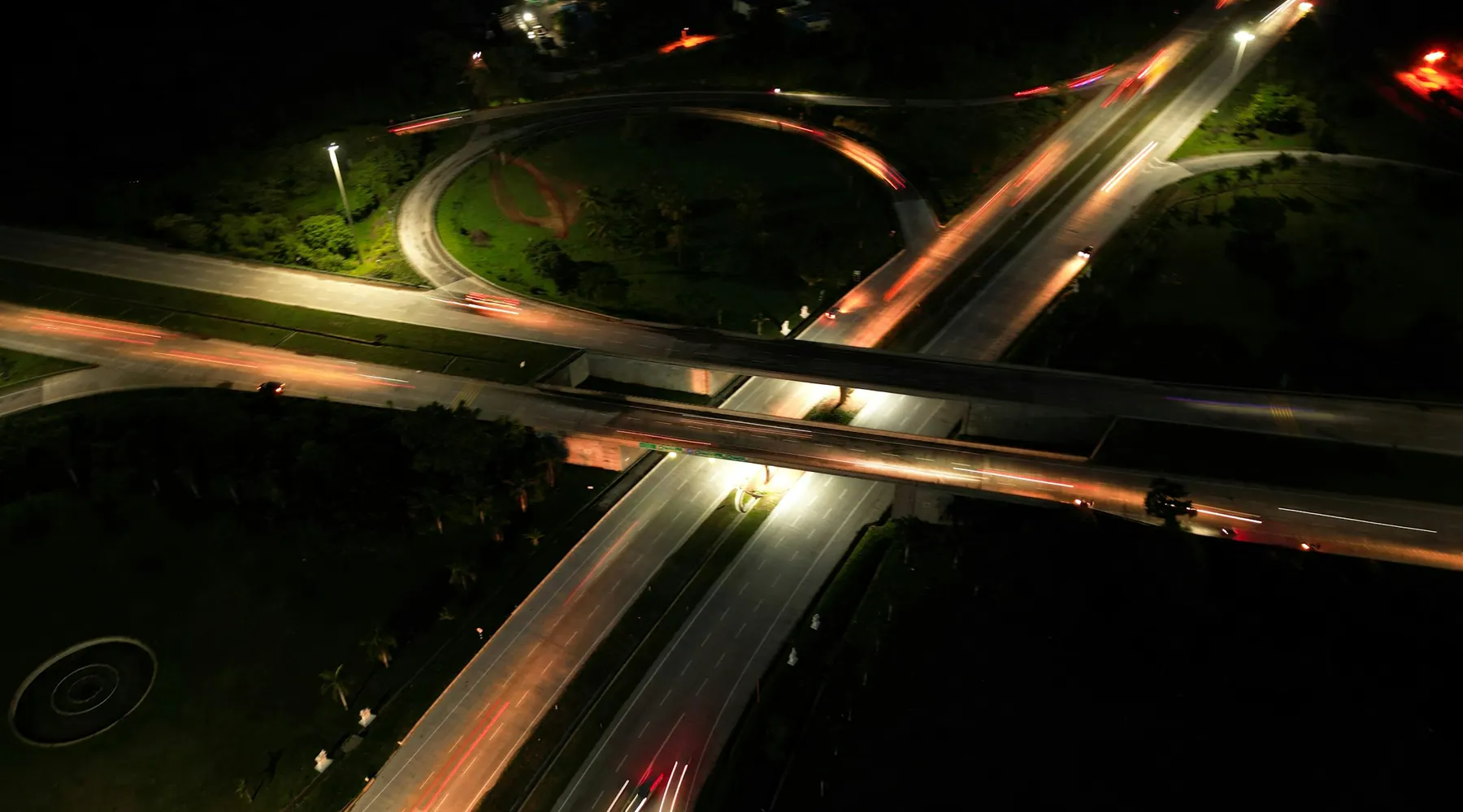 A highway interchange at night