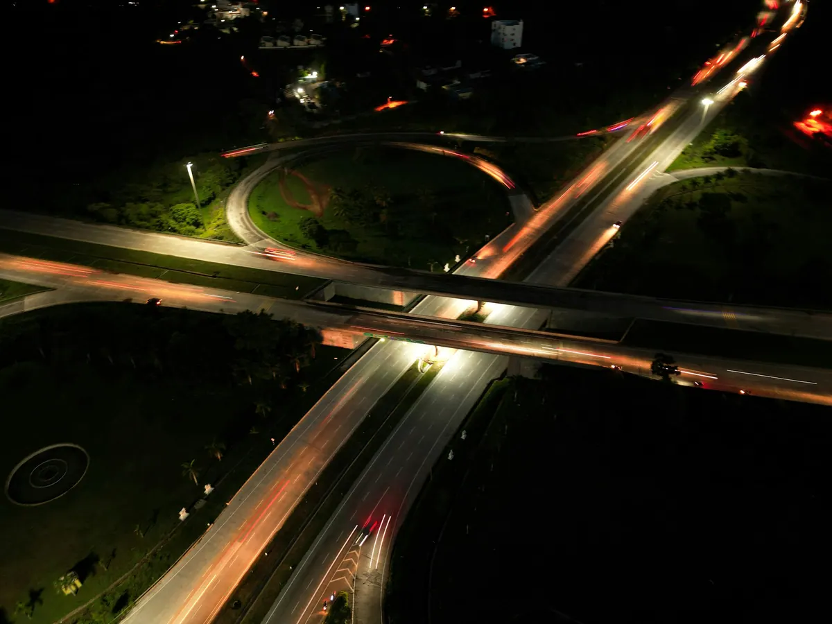 A highway interchange at night