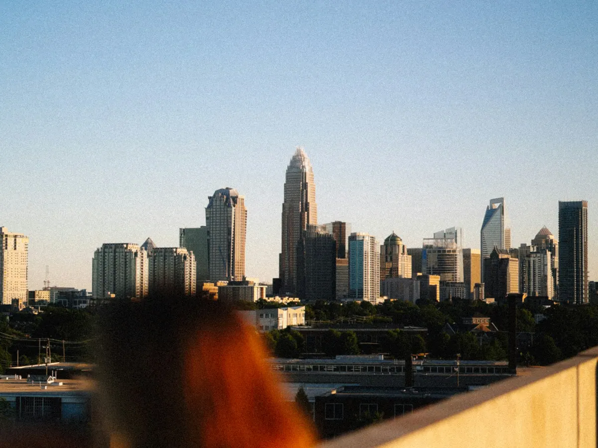 The Charlotte skyline at sunset